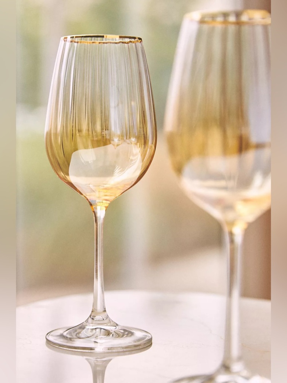 Anthropologie Waterfall 24k Gold Accent Wine Glasses Honey Amber - Set of TWO